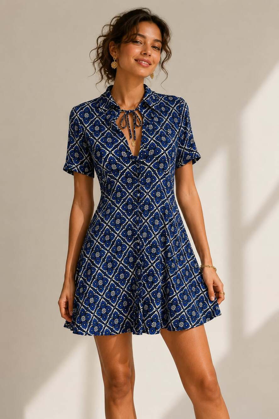 Free People Blue Tile Print Mini Dress Boho Coastal Mediterranean Cottage